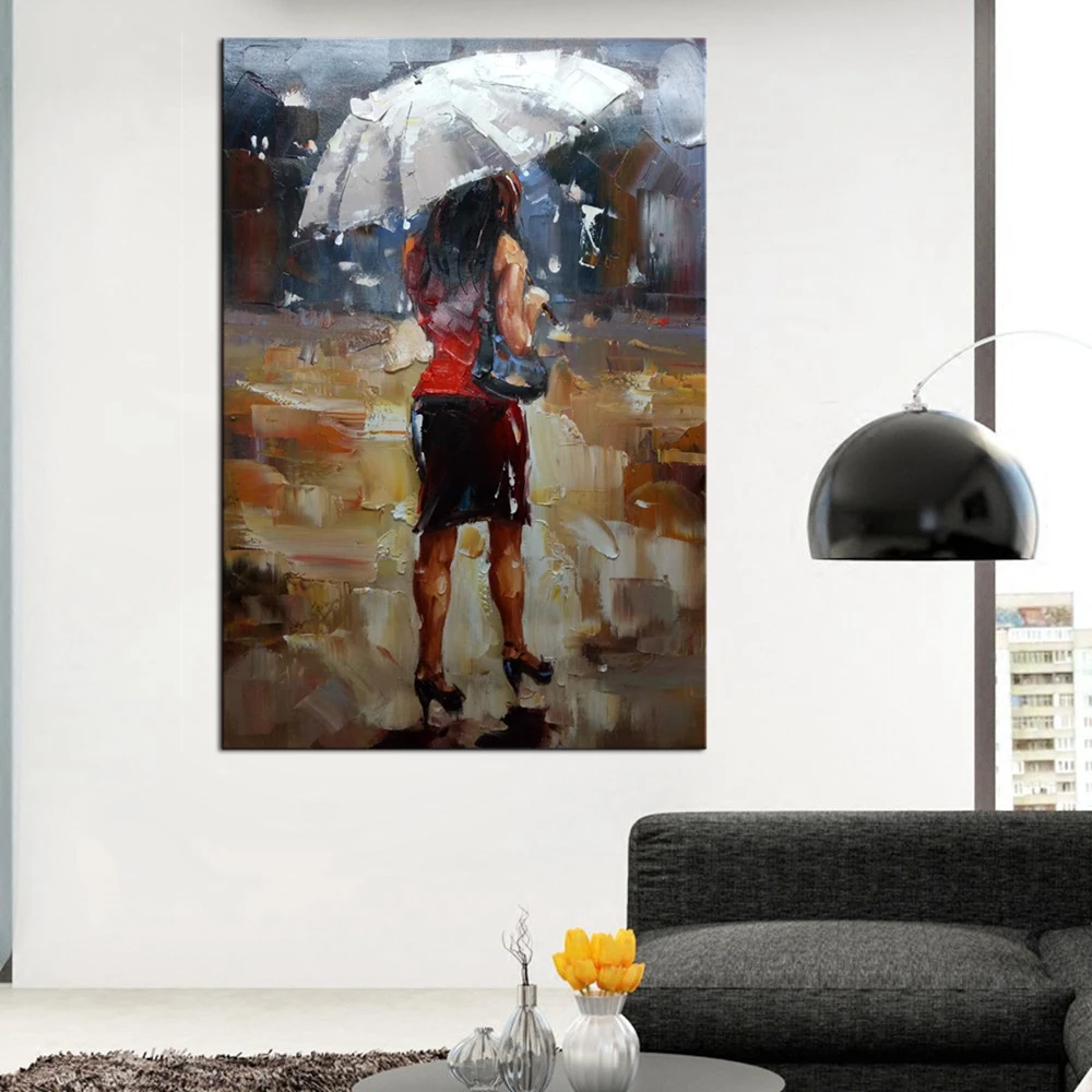 

Bedroom Office Wall Art Hand Painted Knife Oil Canvas Painting Artwork Umbrella Rainy Day Landscape Poster Drop Shipping