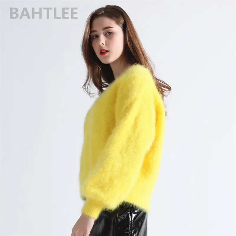 BAHTLEE-Women\'s Angora Rabbit Jumper Sweater, V-Neck, Lantern Sleeve, Wool, Knitted Pullovers, Keep Warm, Thick, Loose, Winter