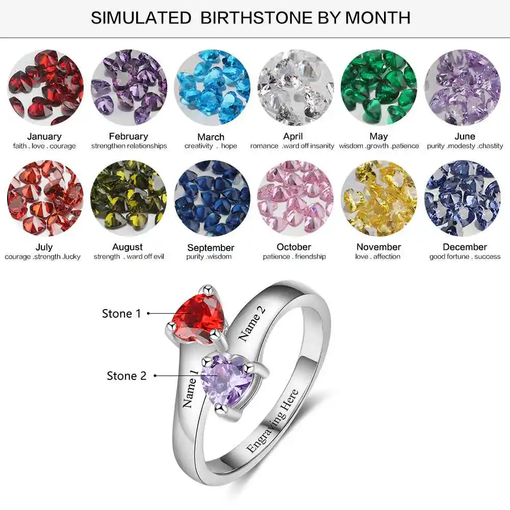 Personalized Promise Rings Heart Birthstone Custom Engrave 2 Names 925 Sterling Silver Jewelry Gift For Her (JewelOra RI103267)