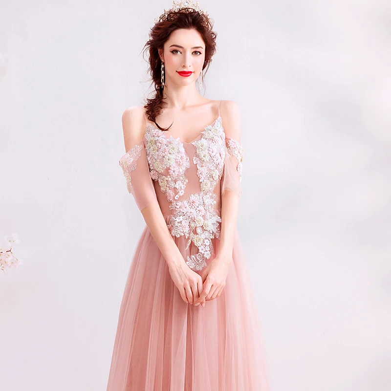 Robe De bal longue et féerique, rose clair, avec des Appliques De perles, manches courtes, Transparent, nouvelle collection 2019