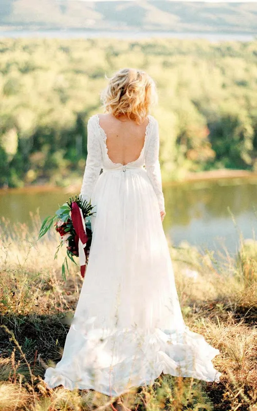 Romantische A-lijn Trouwjurken Met Lange Kant Applicaties Sweep Trein Lange Mouwen Boho Sexy Backless Bruidsjurken Bruidsjurk