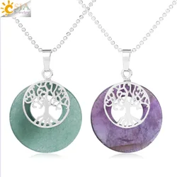 CSJA Natural Stone Tree of Life Charm Pendant Round Hollow Donut Reiki Silver Color Pendants Necklace for Women Men Jewelry F951