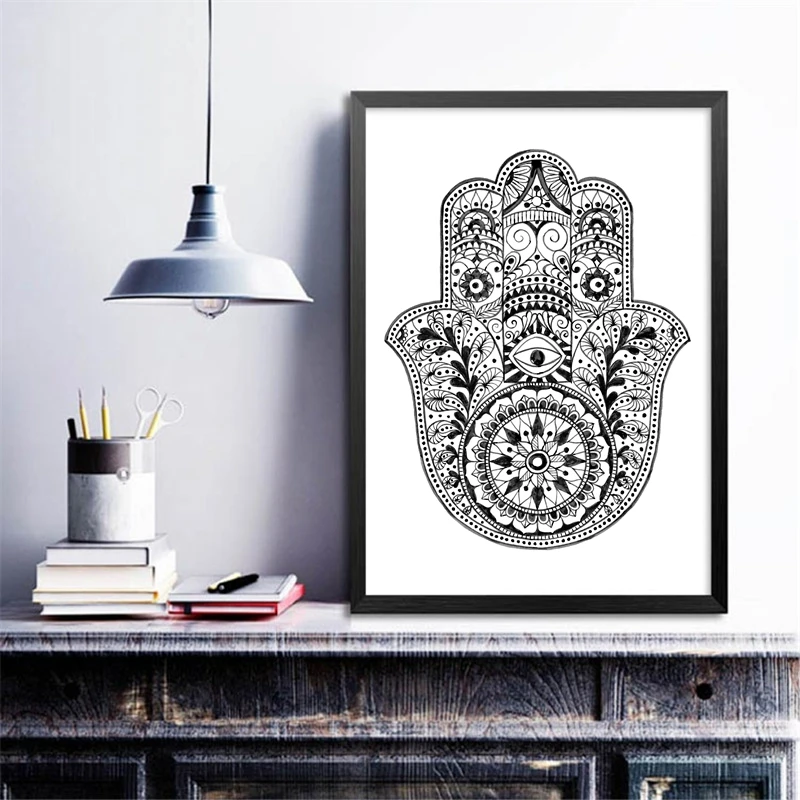 Hand Drawn Ornate Amulet Hamsa Hand Of Fatima Art Print Wall Picture ,  Hamsa Hand Canvas Painting Poster Arab Home Decor