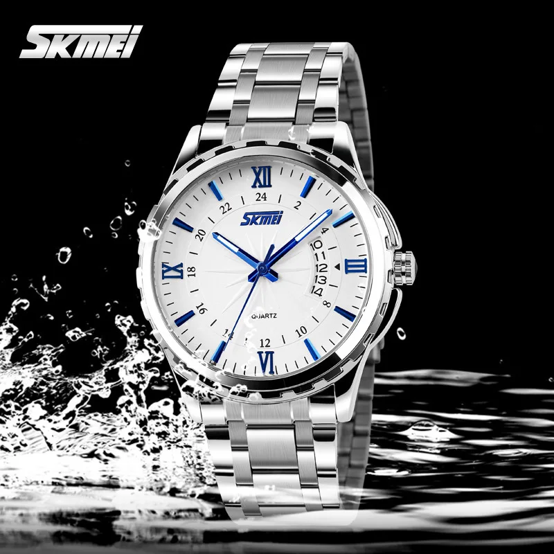 SKMEI New Fashion Men Stainless Steel Quartz Watches Men's Wristwatches Gold Analog Date Waterproof Male Clock relogio masculino