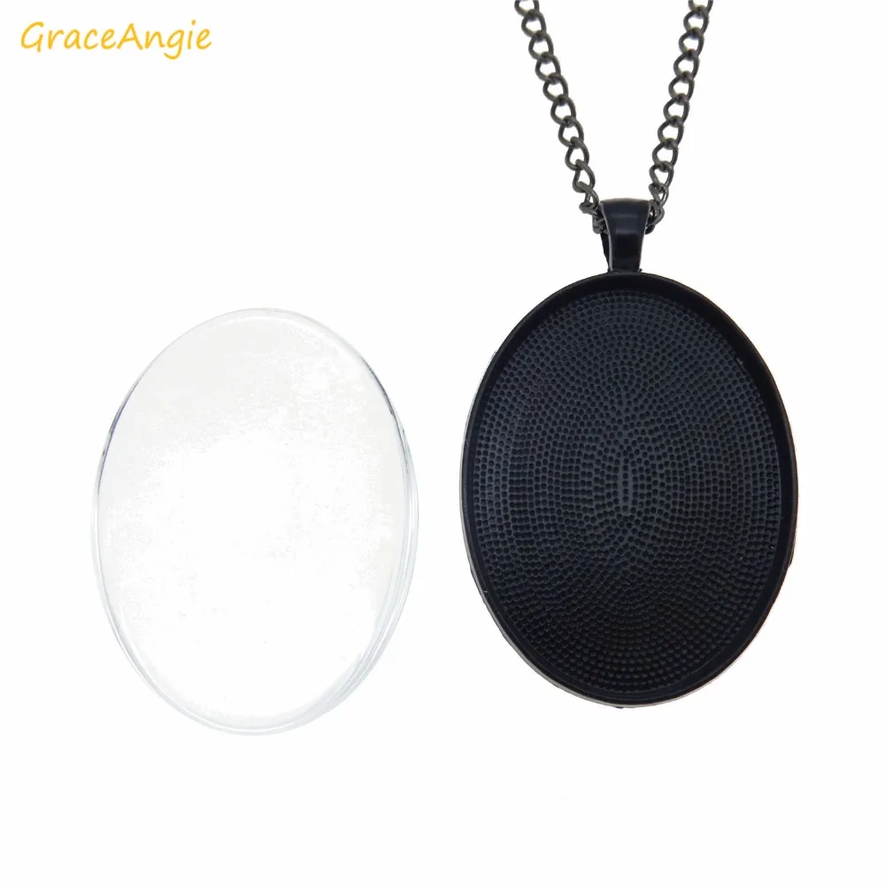 GraceAngie 1set Alloy Gunblack Antique bronze Necklace charm Tray Bezel Pendant Base with Glass + Chain Jewelry Making Accessory