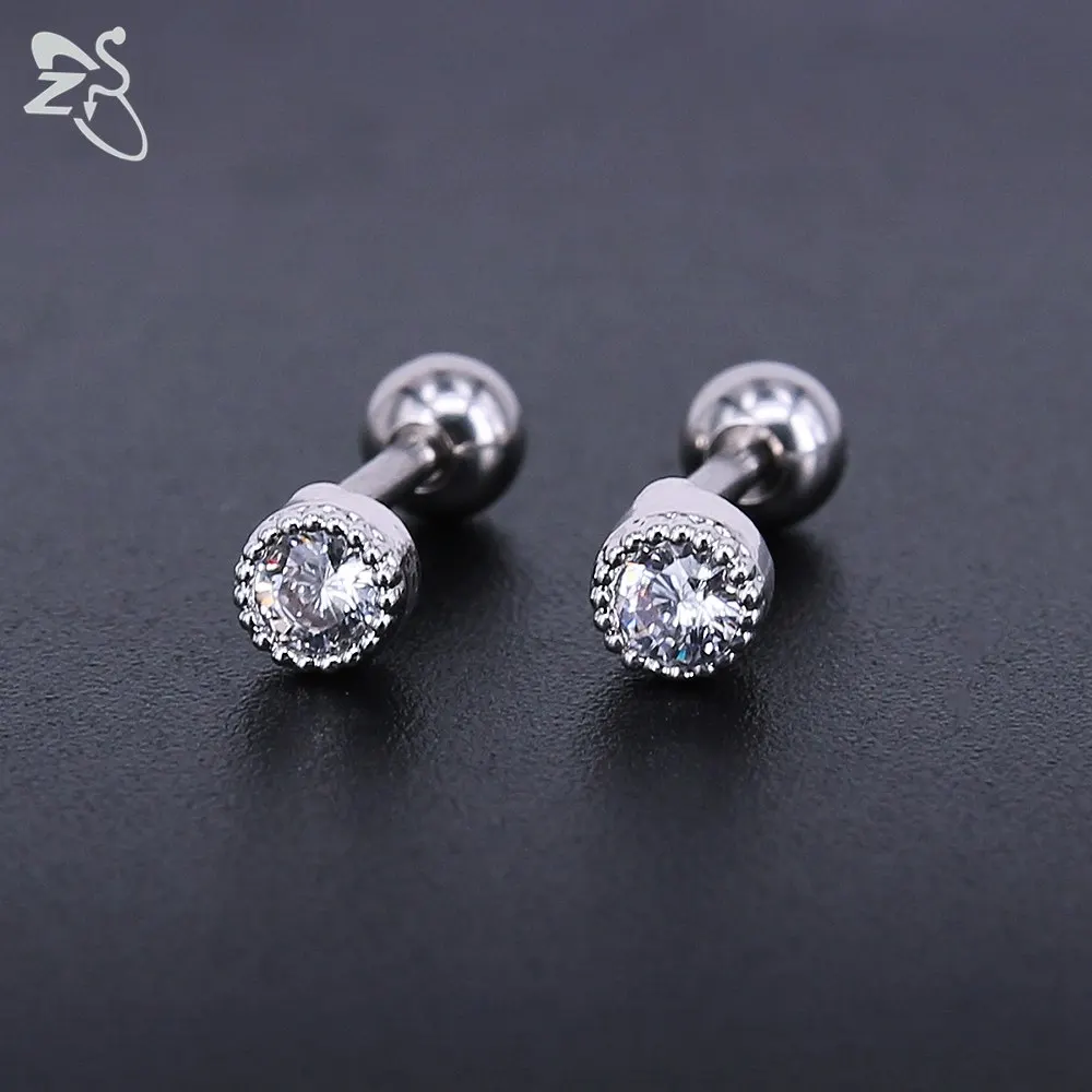 Round Tiny Earrings Crystals Gems Simple Style Ear Stud Stainless Steel Pierced Tragus Cartilage Earring For Women Accessories