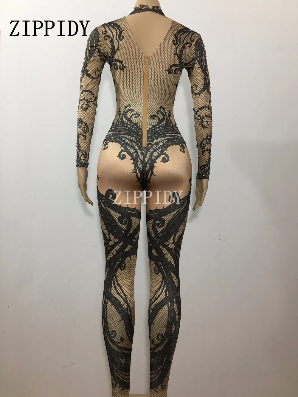 Fashion Hollow Black Crystals Stretch Jumpsuit Sexy Nightclub Bar Dance Wear Bodysuit Leggings  Performance Clothing