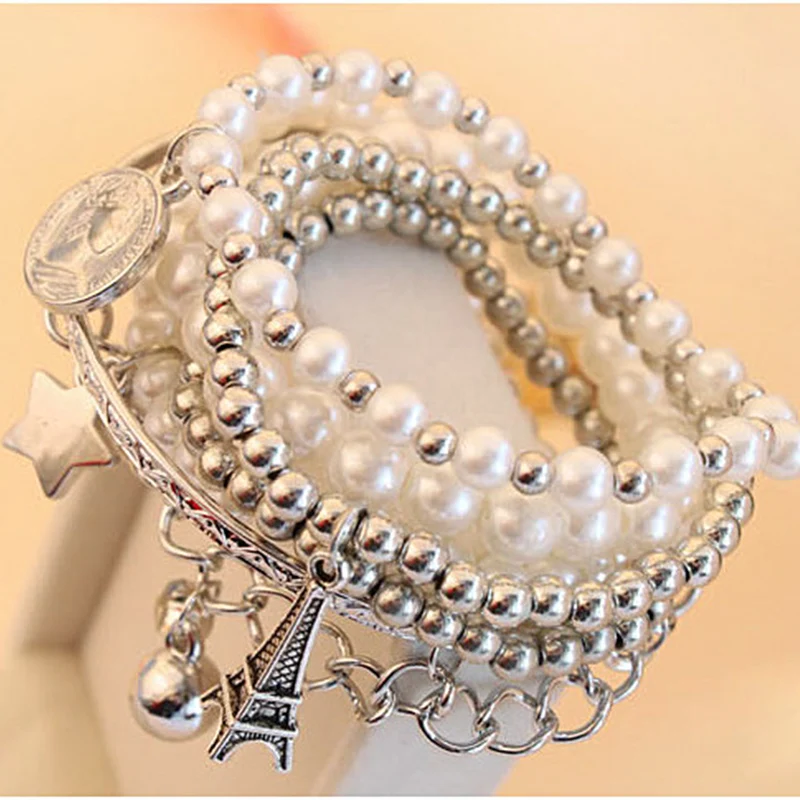 Multilayer Pearl Bracelets For Women Simulated Pearl Jewelry Charm The Eiffel Tower Star Commemorative coins Pendant Bracelets