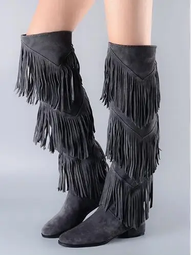 2017 New Arrival Autumn Winter Boots Women Black Dark Gray Knee High Boots Three Layers Fringe Boots Fashion Flat Heels Shoes