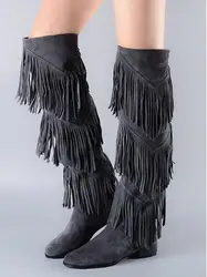 2017 New Arrival Autumn Winter Boots Women Black Dark Gray Knee High Boots Three Layers Fringe Boots Fashion Flat Heels Shoes