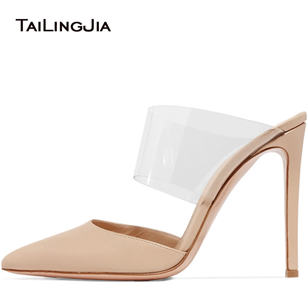 

Pointed Toe High Heel Mules Women Transparent Heeled Nude Pumps Evening Dress Shoes Ladies Summer Wedding Heels Large Size 2022