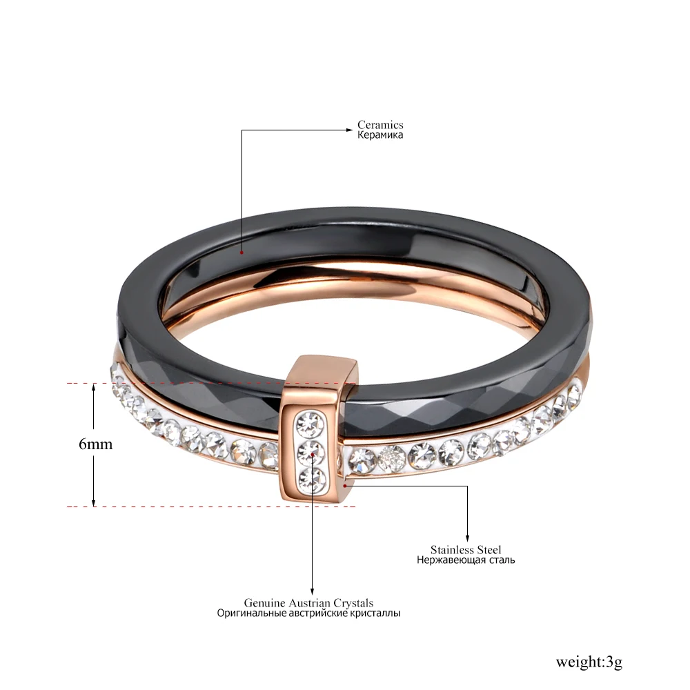 JeeMango 2 Layers Black/White Ceramic Crystal Wedding Rings Rose Gold Color Stainless Steel Rhinestone Engagement Ring JR18054