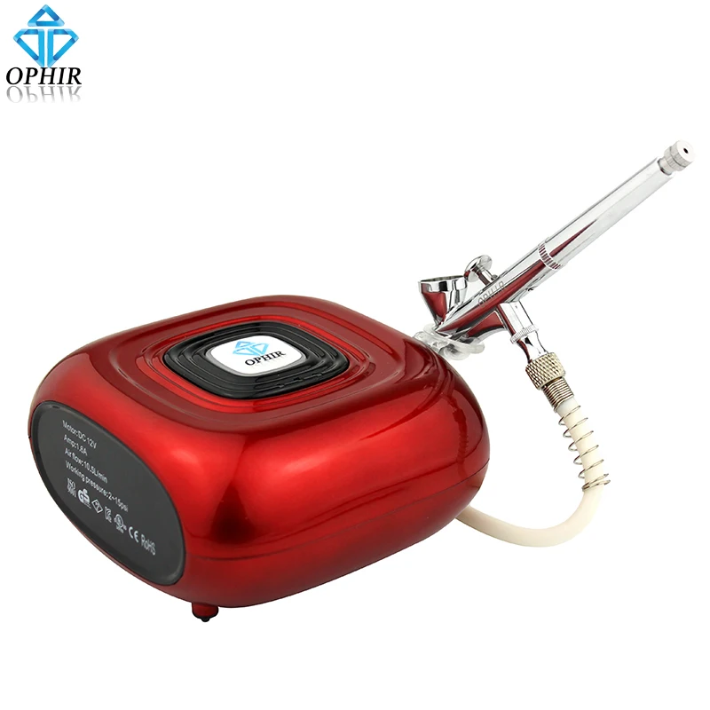 OPHIR Professional Makeup Airbrush Kit with Red Mini Air Compressor 0.2mm Airbrush Sprayer for Cosmetic_AC123R+AC073