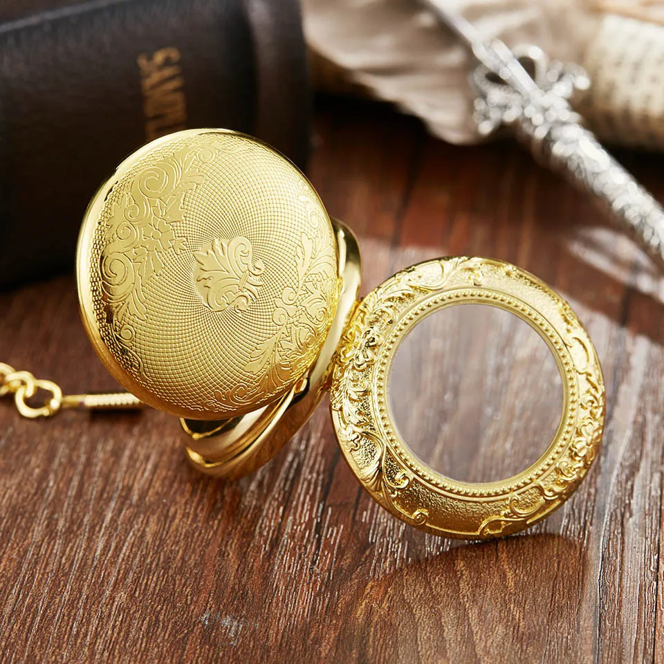 Retro Vintage Golden Carved Exquisite Dial Mechanical Hand Wind Pocket Watch With FOB Chain Luxury Men Clock Mechanical Watches