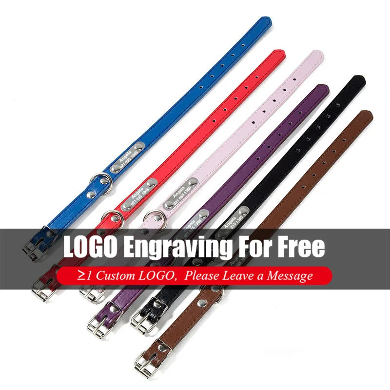 Creative Customized Leather Dog Collar Durable Padded Personalized Pet ID Collars PU Carving Puppy Cat Leash Nameplate Engraved