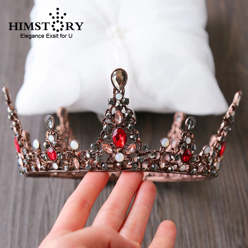 

Himstory NEwest Luxury Vintage Red King Tiaras Crown European Full Circle Bronze Large Hair Jewelry