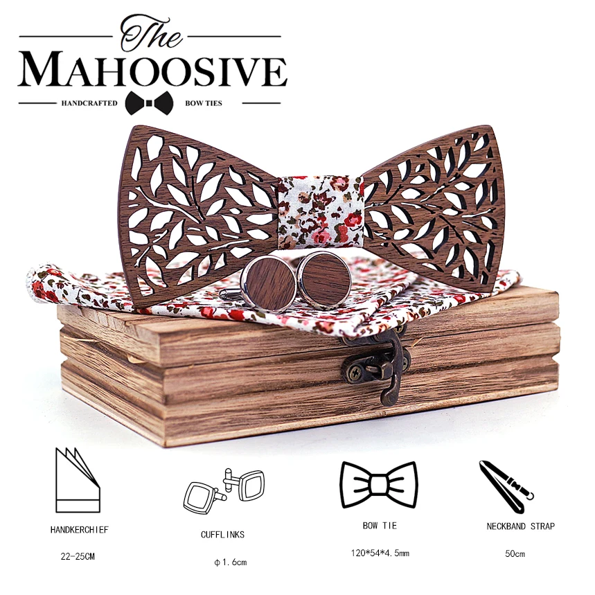 Mahoosive แฟชั่นบุรุษผ้าเช็ดหน้าไม้และ Cufflinks ไม้ Bow Tie Pre-Tied Bowtie สำหรับงานแต่งงานของขวัญไม้กล่อง