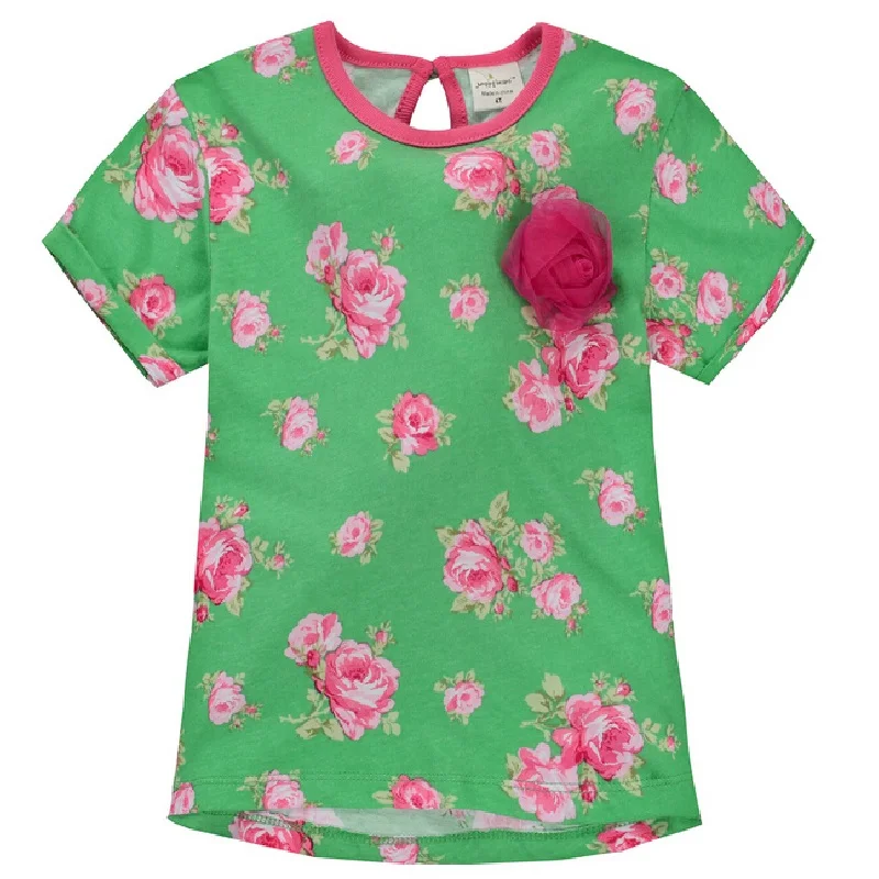 Rose Floral Girl's Tee Shirts Summer Green Flower Girl Clothes T-Shirts 1-6years Children Clothes Jumpers Outfits New Arrival