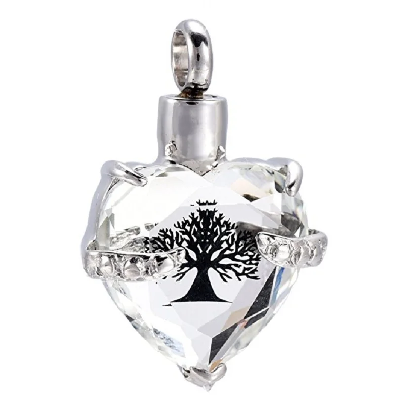 IJD9790 Clear Crystal Heart Cremation Pendant Hold Small Amount Ashes,Tree of life Keepsake Memorial Urn Necklace for