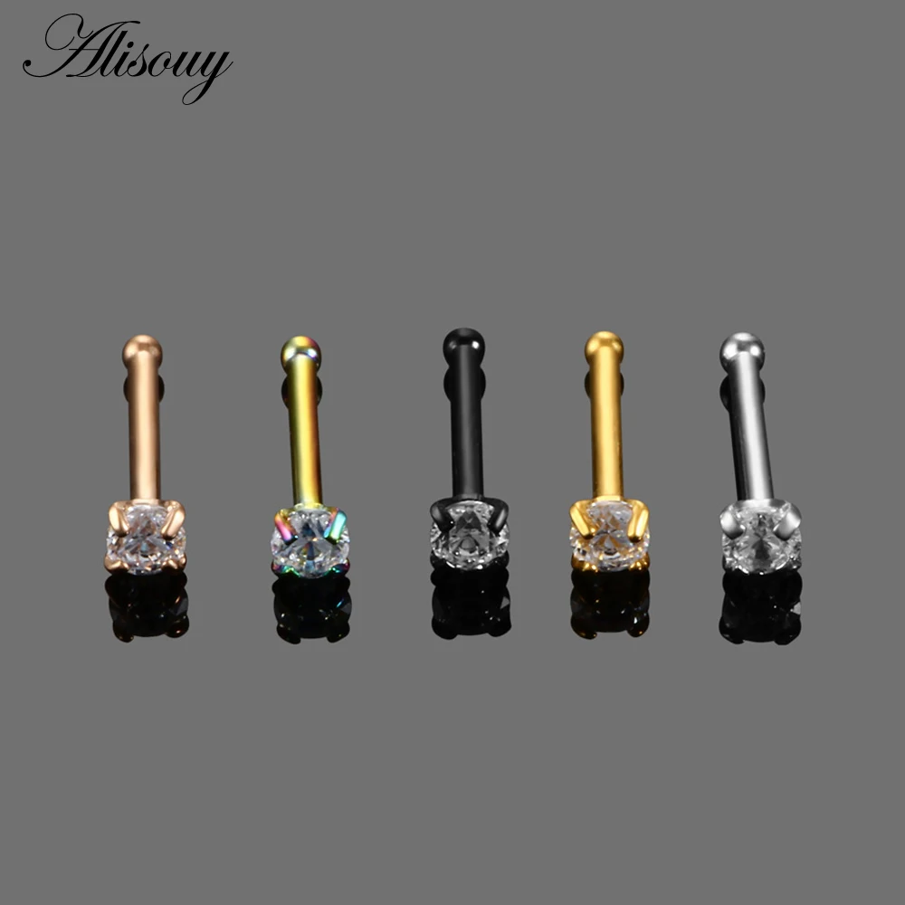 Alisouy 1PC Stainless Steel Crystal Nose Rings Piercing Rose Gold Color Screw Nazir Nostril Ear Stud Earrings Body Jewelry 20G