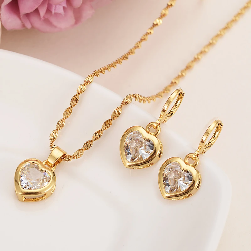 gold crystal Jewelry Sets  Heart White Blue Green Cubic Zircon Earring Necklace chain Bridal Jewelry Sets for Women girls gift