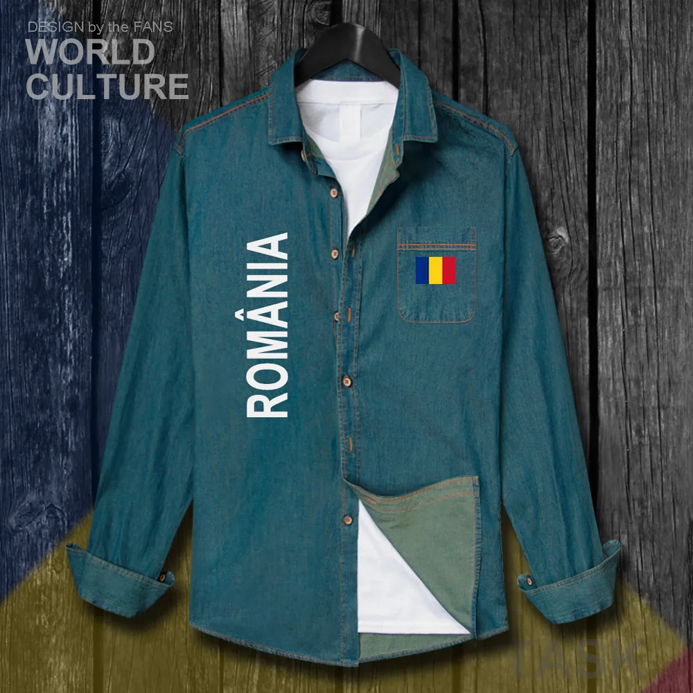 Romania Romanian ROU RO Men Flags Clothes Autumn Cotton Long Sleeve Cowboy Coat Fashion Turn-down Collar Jeans Shirt Casual Tops