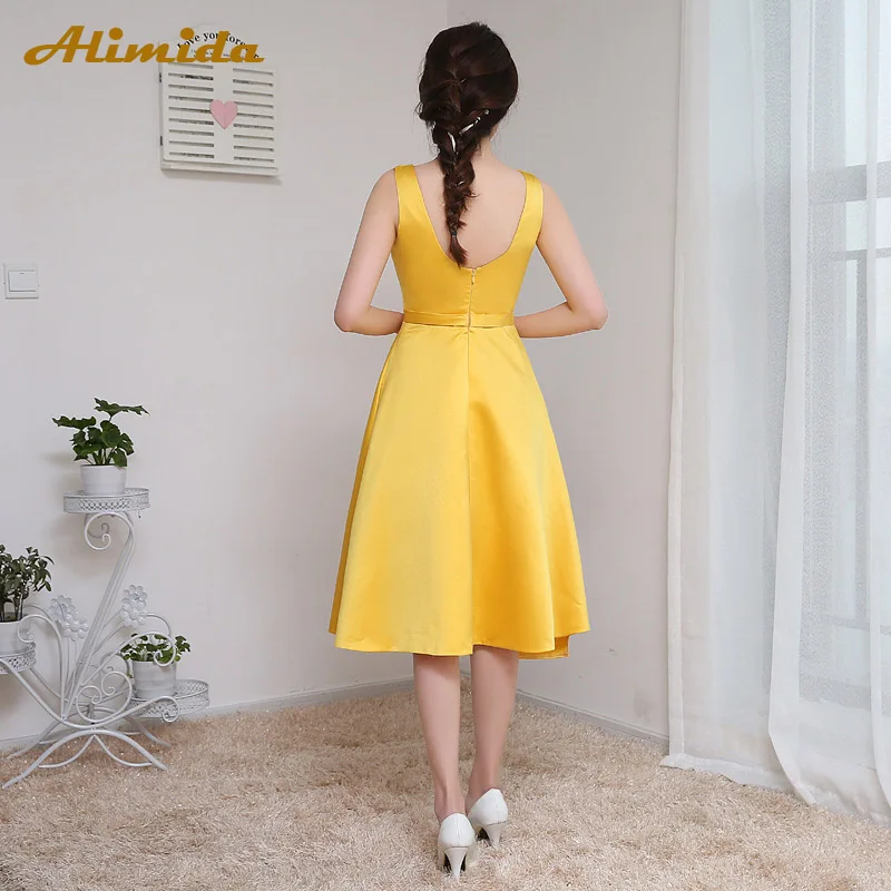 ALIMIDA Short Evening Dress 2020 Yellow Satin Wedding Party Dress O-Neck Prom Dress with Sashes vestido de festa