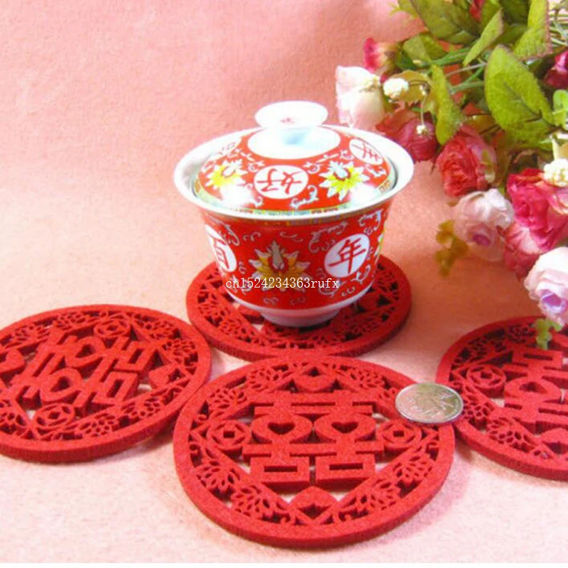 

500pcs Double Happiness Coasters Non-woven Fabric Wedding Table Decoratioon Party Favor Gift Traditional Chinese Style Mats Pads