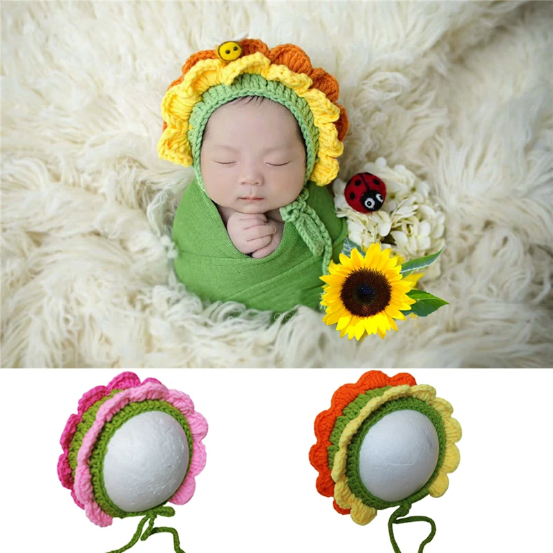 Knitted Baby Hat Newborn Infant Photography Flower Hat Caps Bebe Souvenir Picture Accessories Sunflower Beanie Bonnet