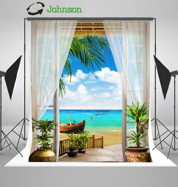 Sea Beach Coastal Patio Leaves Boat Tulle Curtain backdrop polyester or Vinyl cloth Computer print wedding background