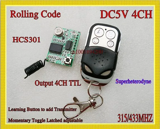 DC3-5V Rolling code RF Wireless Remote Control Receiver Module+Transmitter super-heterodyne Learning code 4Channel Output  TTL