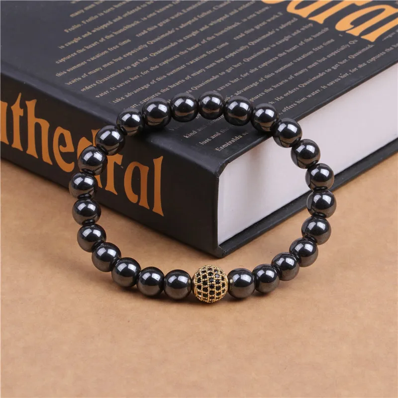 Black Magnetic Hematite Bead Bracelet Weight Loss Magnet therapy Round Crystal Zircon Ball Charm Bracelet Bangle for Women Men