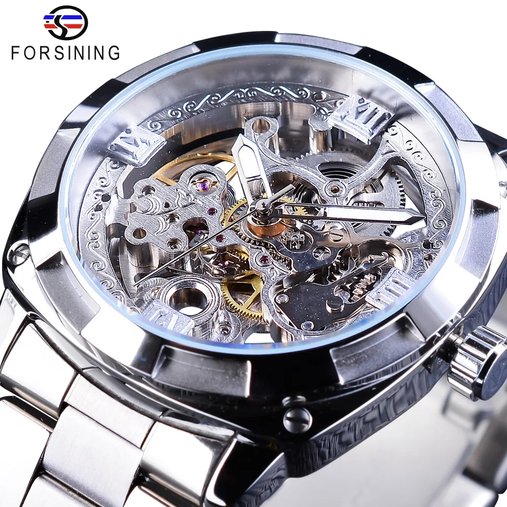 Forsining Silver Watches Folding Clasp with Safety Men\'s Automatic Watches Top Brand Luxury Transparent Watches Luminous Hands