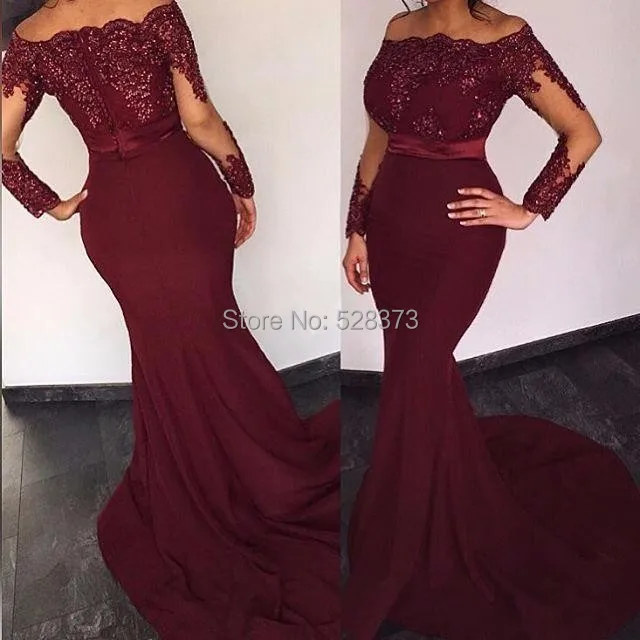 

YNQNFS ED37 Real Pictures Wine Red Robe De Soiree Sheer Long Sleeves Party Bridesmaid Mermaid Dress Elegant wedding dress