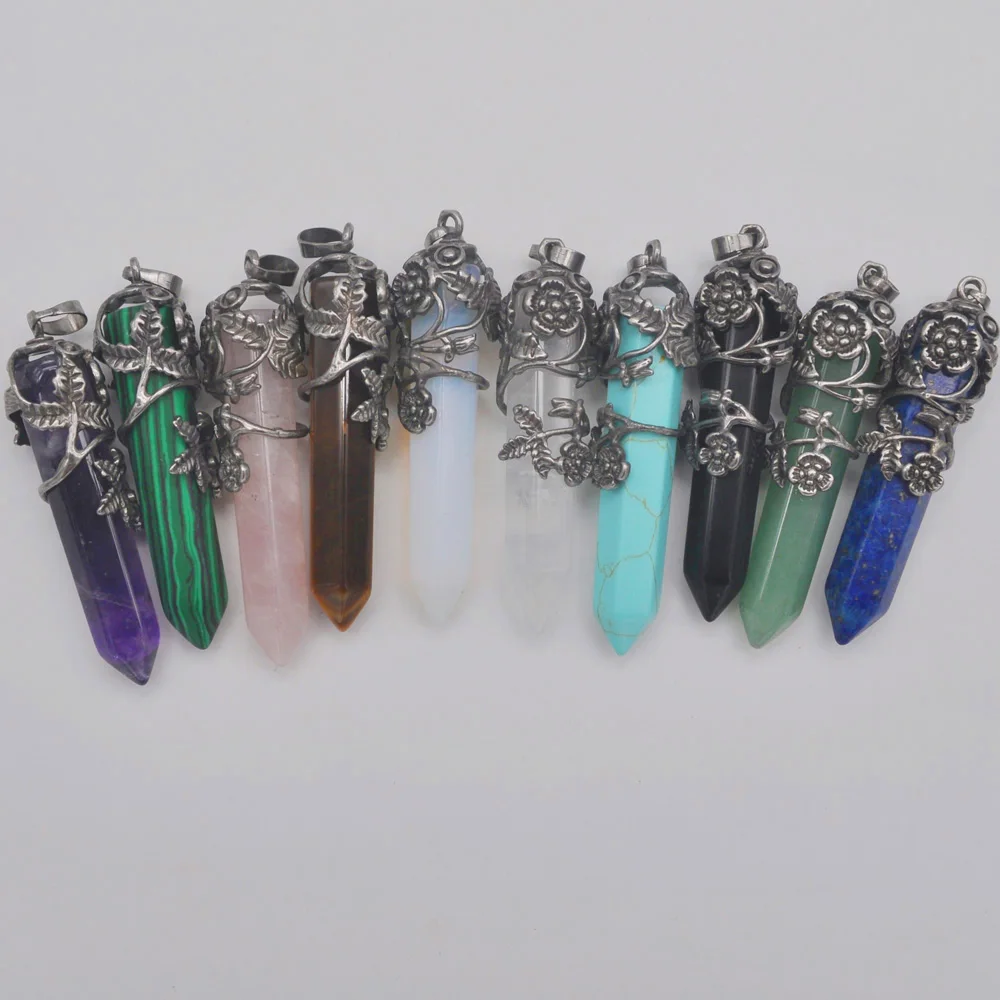 Mixed Stone GEM Pillar Pendant Flower Plants Jewelry (10 pcs/lot)