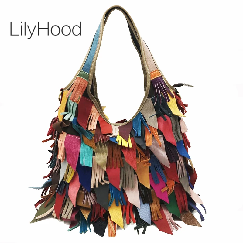 

Multi Color Fringed Handbag Female Genuine Leather Big Capacity Oversize Slouch Bag Women Ethnic Tribal Bohemian Shoulder bag