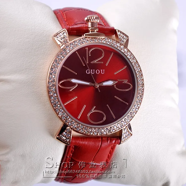 GUOU purple rose gold women luxury brand full rhinestone watch ladies genuine leather band quartz watch women famous wristwatch