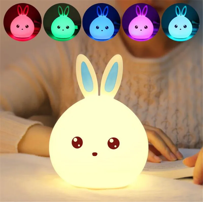 Nuovo stile Coniglio HA CONDOTTO LA Luce di Notte Per I Bambini Dei Capretti Del Bambino Lampada Da Comodino Multicolor Silicone di Tocco Rubinetto Sensore di Controllo Nightlight