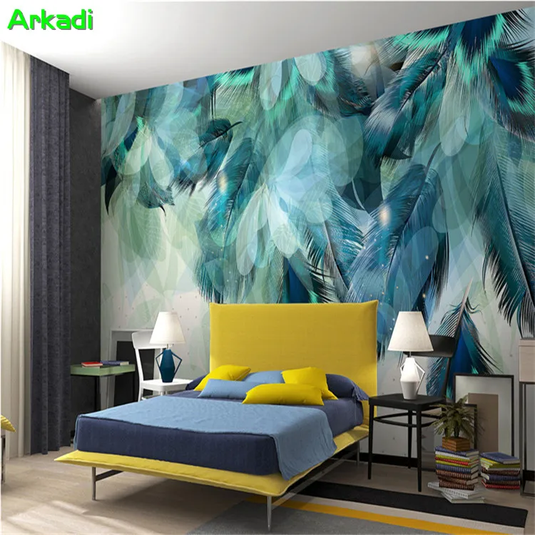 

Retro Modern American Blue Medieval Feathers 3D Abstract Art Living Room Dining Room Background Wallpaper Creative Home Decor