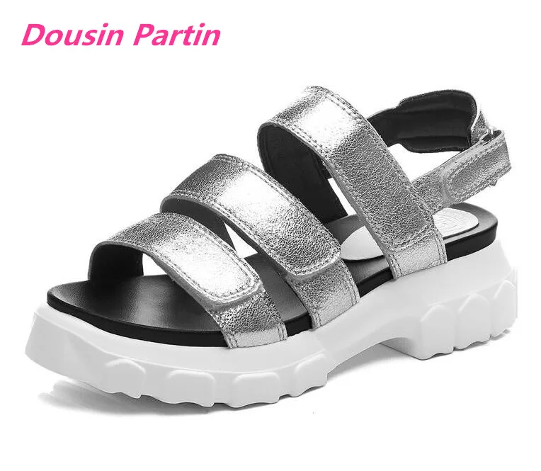 Dousin Partin Women Sandals Sheepskin/Cow Leather Wedge Middle Heel Round Open-toed Hook&Loop Slingback Soft Bottom Shoes