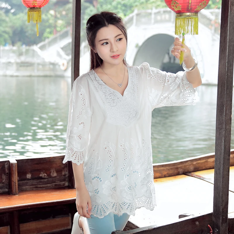 2021 Casual Summer Women Blouses Vintage Embroidery Blouse Loose Floral Boho Tops Womens Clothing Femme Blusa