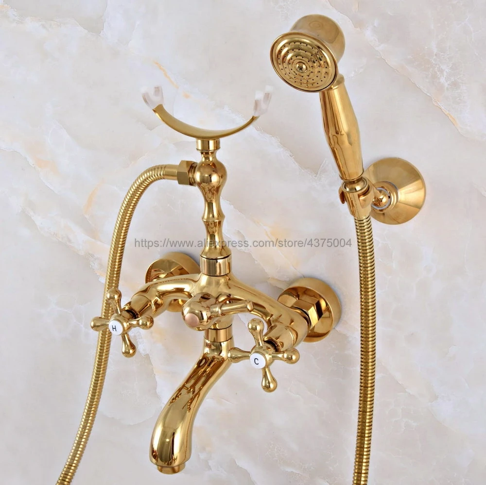 

Wall Mounted Gold Color Brass Clawfoot Bathtub Faucet telephone style Bath Shower Water Mixer tap with Handshower Nna946