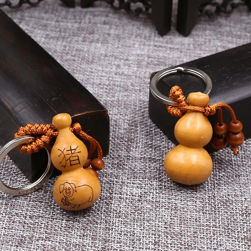 12 Chinese Zodiac Gourd Keychain Wood Sculpture Ainmal Chick Rabbit Cow Tiger Key Chain On Bag Car Trinket Wedding Party Gift