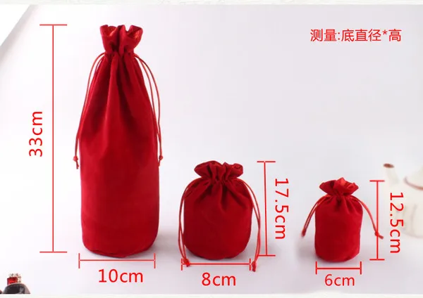 10 Pcs/lot Wholesale Wine Bottle Packaging Bags Round Bottom Cosmetic Velvet Pouch With Satin lining Big Drawstring Gift Bag