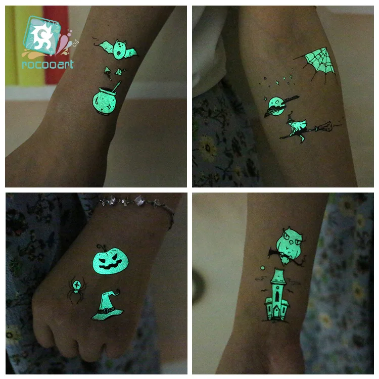 Rocooart Halloween Luminous Tattoo Ghost Taty For Kids Fake Tattoo Witch Glowing in Dark Waterproof Temporary Tattoo Stickers