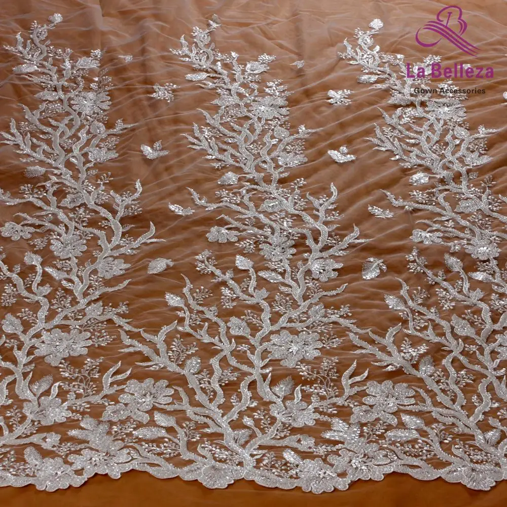 Wedding dress lace fabric off white /silver beaded sequins lace fabric 1 yard