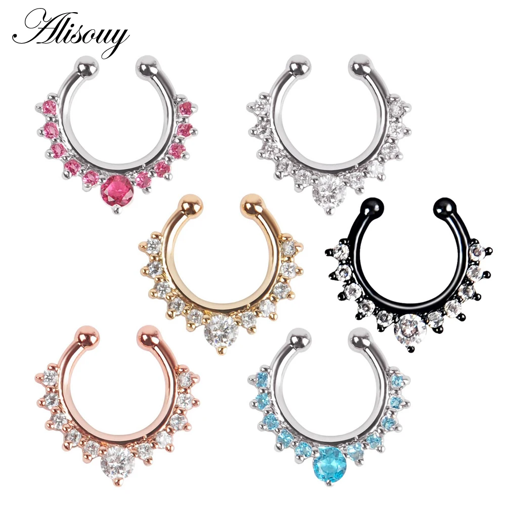 Alisouy Crystal Fashion Clicker Fake Septum for Women Body Clip Hoop Vintage Fake Nose Ring Faux Piercing Body Jewelry Wholesale