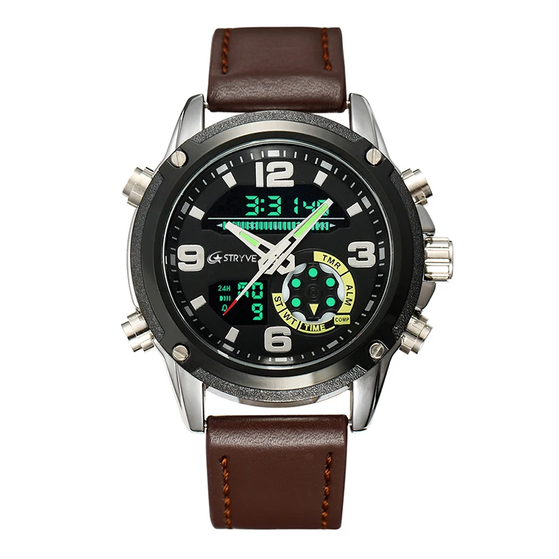 2019 Stryve Brand New Men Military Leather Sports Luminous Clock Luxury Dual Time Quartz Digital Watches Waterproof Reloj Hombre