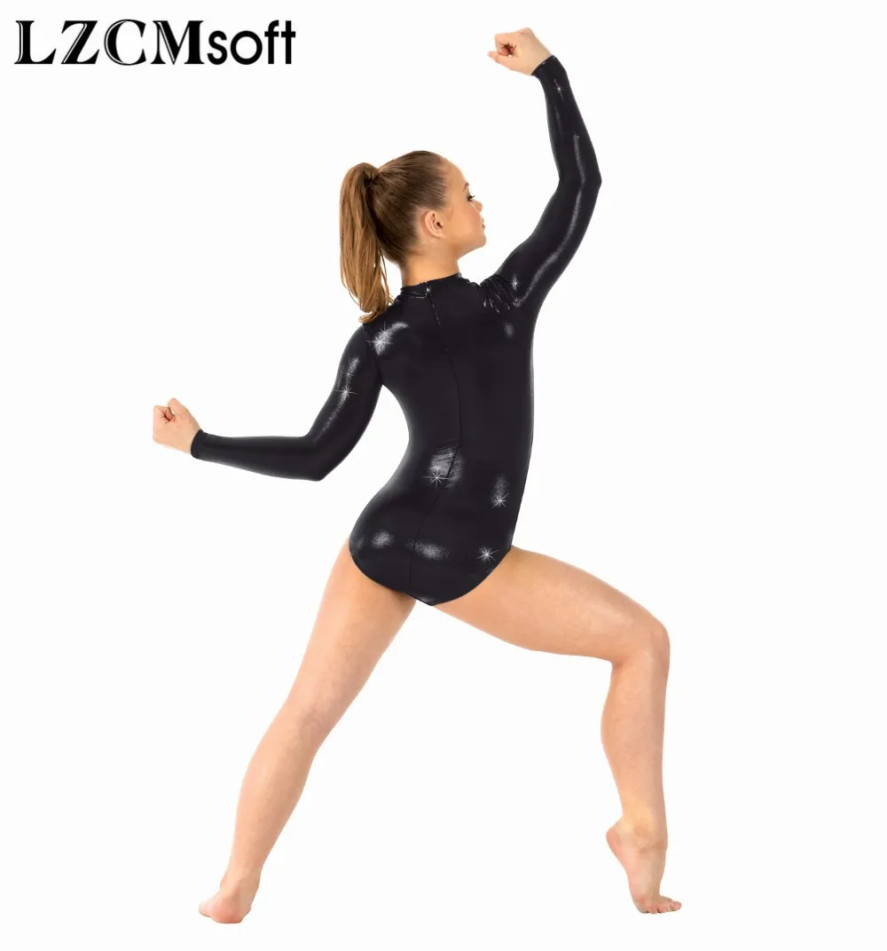 LZCMsoft Child Long Sleeve Ballet Dance Leotards Shiny Metallic Gymnastics Dancewear Girls Toddler Mock Neck Ballroom Costumes