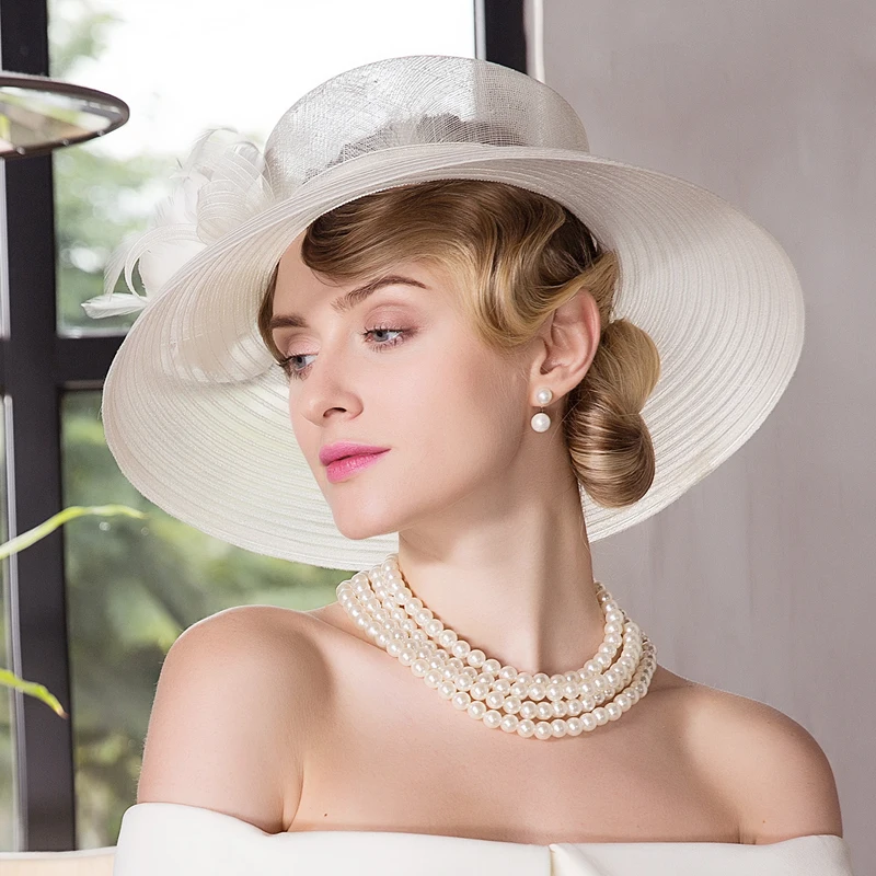 Women White Floral Cap Summer Large Wide Brim Linen Kentucky Derby Hats Women Church Cap Chapeau Mariage Dame Wedding Cap B-8156
